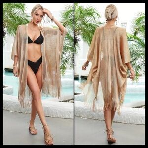 BOUTIQUE Metallic Net Fringed Cover-Up | Tassel Semi Sheer Shawl Cardiga…